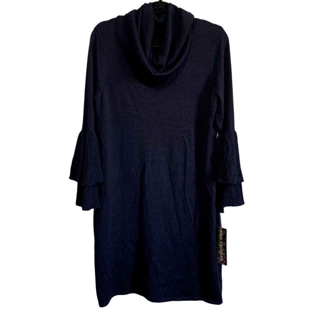 Nina Leonard Cowl Neck Double Bell Long Sleeves Sweater Dress